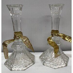 Crystal Glass Candle Holders With Gold Glitter Ribbons